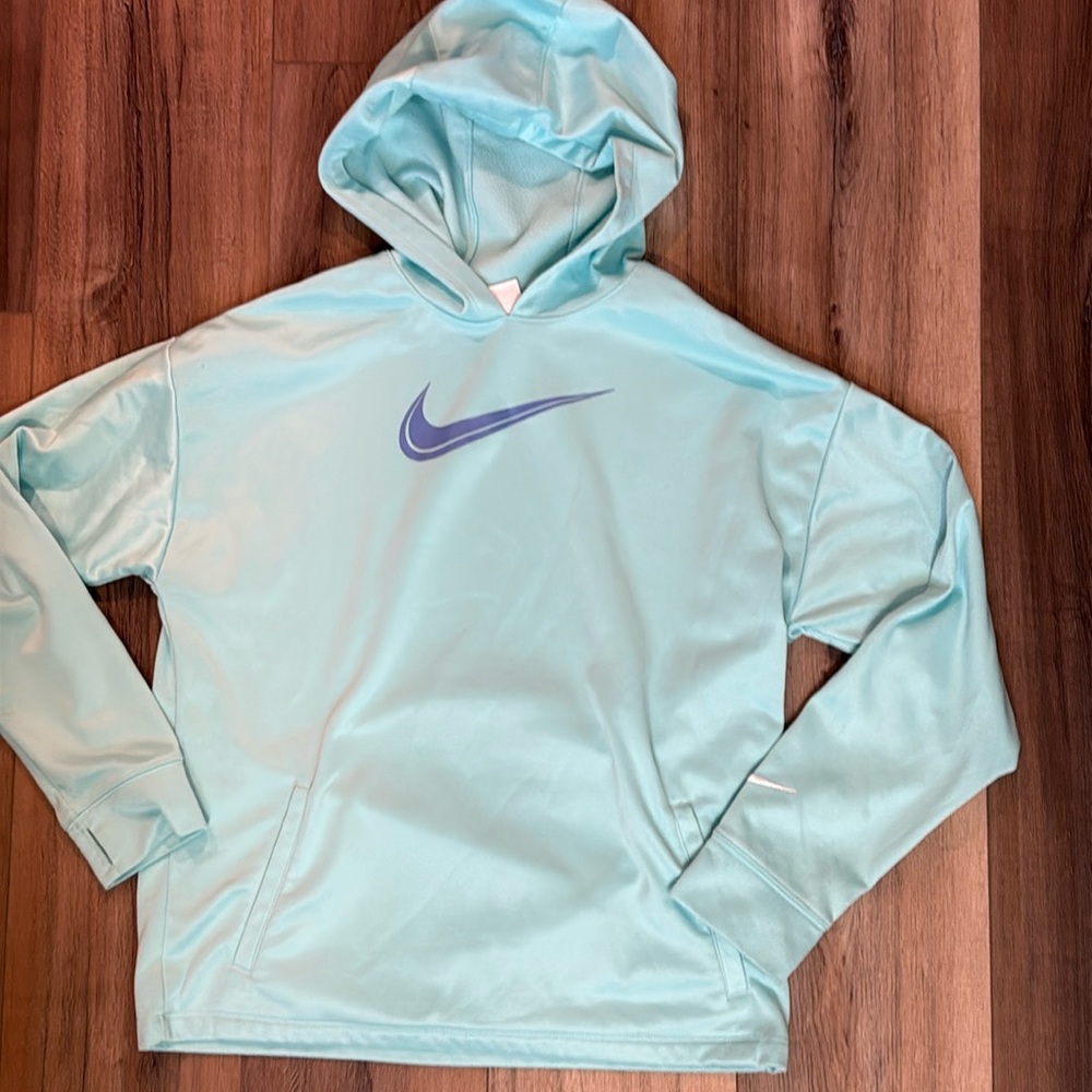 Nike Aqua Hoodie with Violet Swoosh worn once Girls size XL 12 / 14 thumb holes